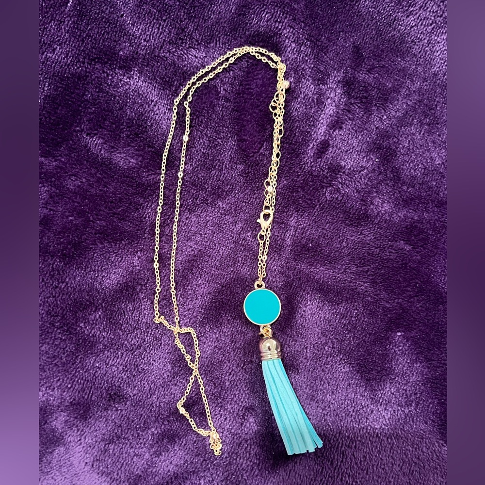 Aqua and Gold Tassel Necklace